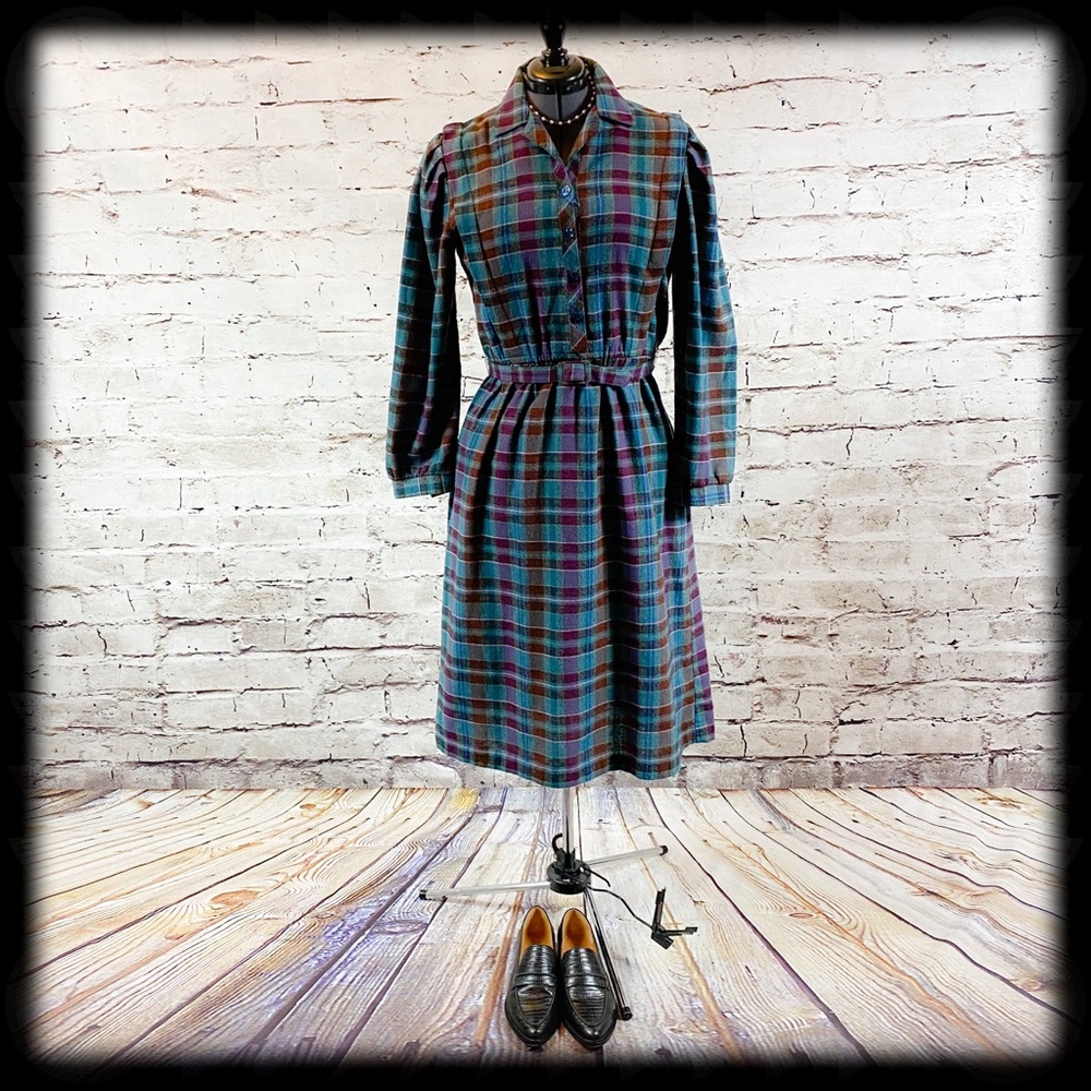 Vintage Plaid  Flannel Winter Wool Blend Day Dress